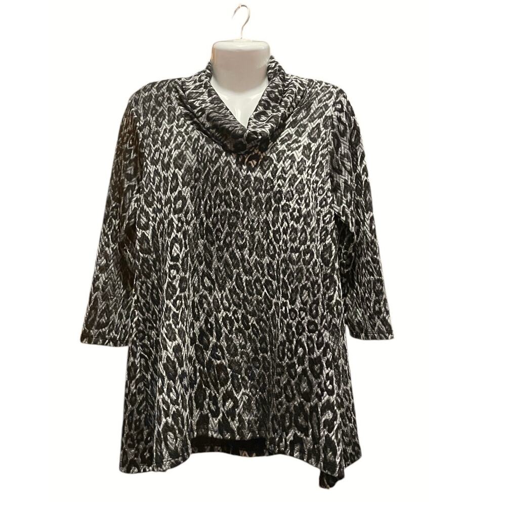 Ruby Rd. Womens Blk/Silver Animal Print Textured Knit Cowl Neck Pullover Size S